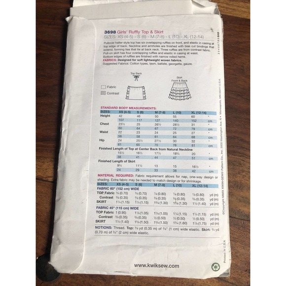 KWIK SEW PATTERN HALTER TOP & SKIRT BOTH RUFFLY GIRLS' SIZE XS-S-M-L-XL # K3698 - Picture 2 of 2